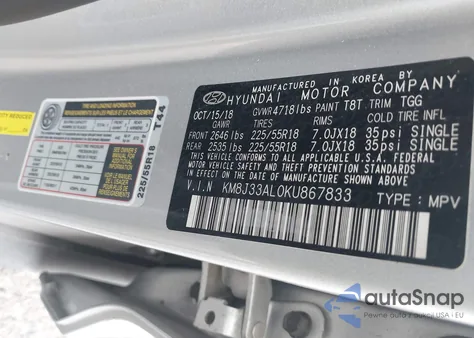 2019 Hyundai Tucson Sel z USA, uszkodzony, nr VIN KM8J33AL0KU867833